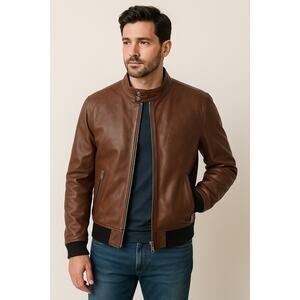 Salvatore Ferragamo Reversible Brown Leather Zip Up Men’s Bomber Jacket 46 NWT